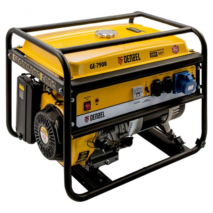 Бензиновый генератор GE 7900, 6,5 кВт, 220 В, 25 л, ручной старт Denzel 17479